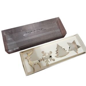 Vtg Pier 1 Imports Napkin Rings Silver Plated Set of 4 Christmas Tree Star India